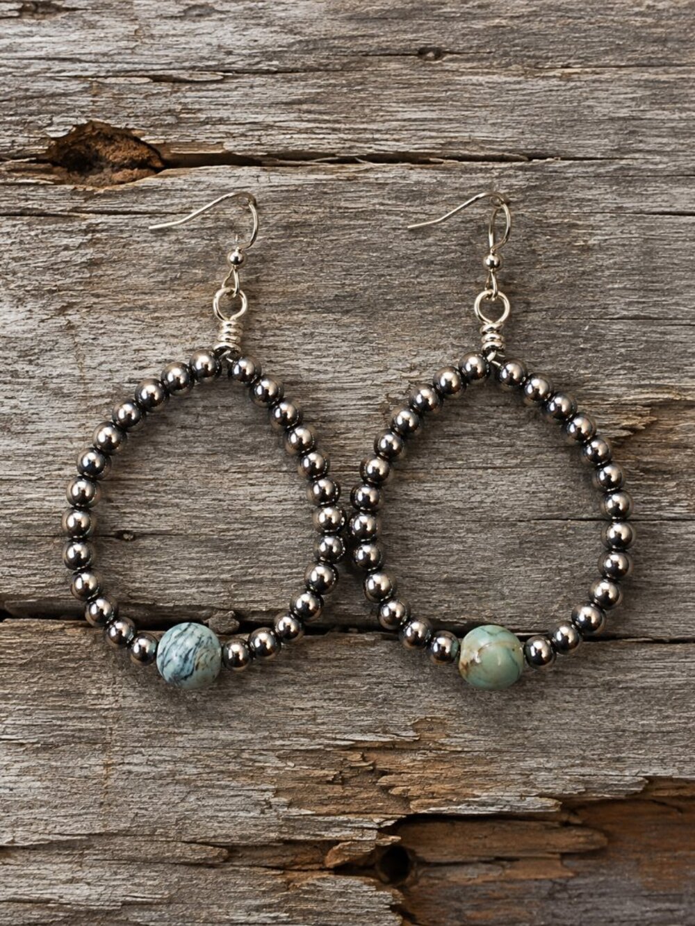 2 for $12 -Beautiful natural stone metallic silver bead loop earrings!